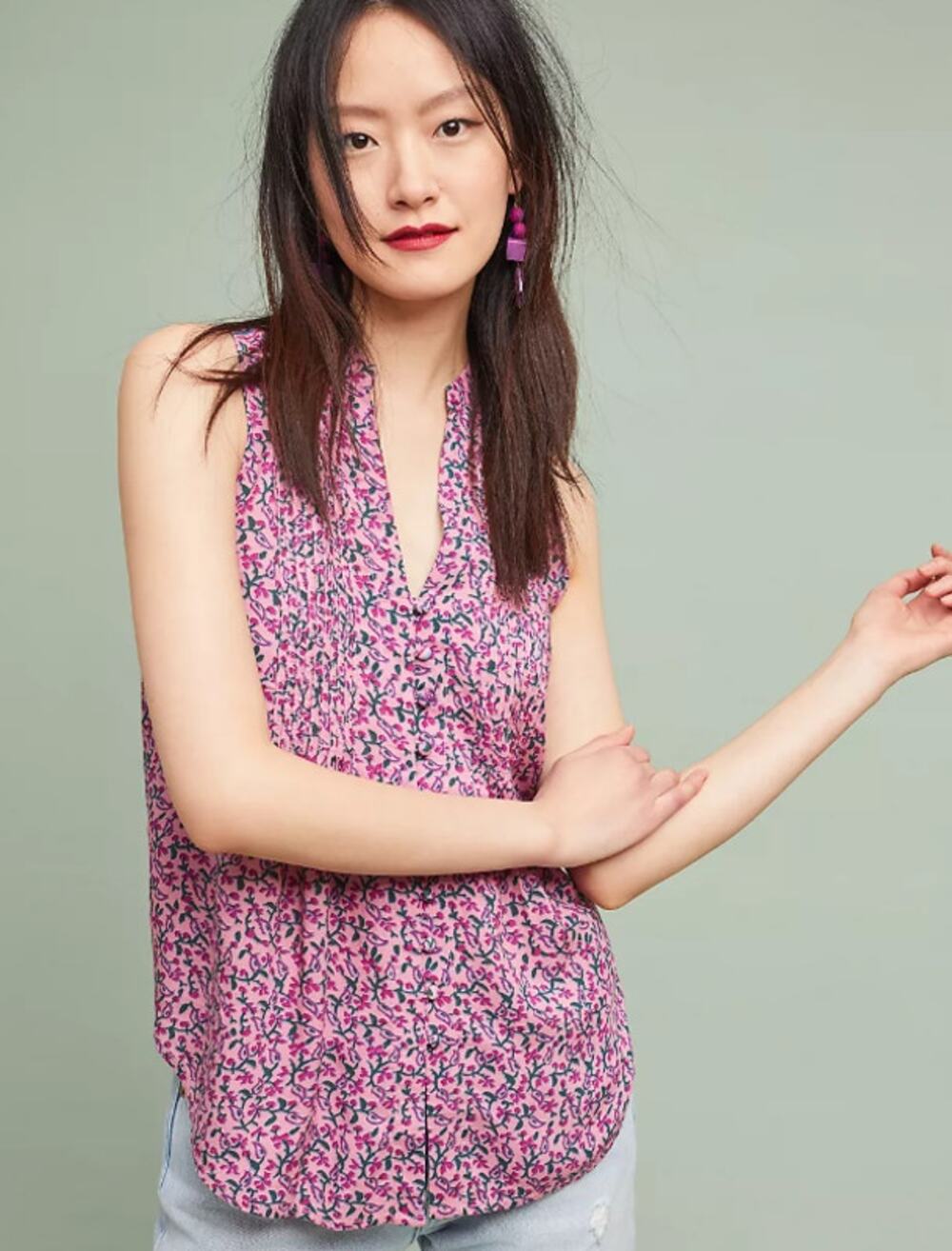 Maeve Anthropologie Pink Floral Pintuck Sleeveless Button Down Petunia Blouse XS